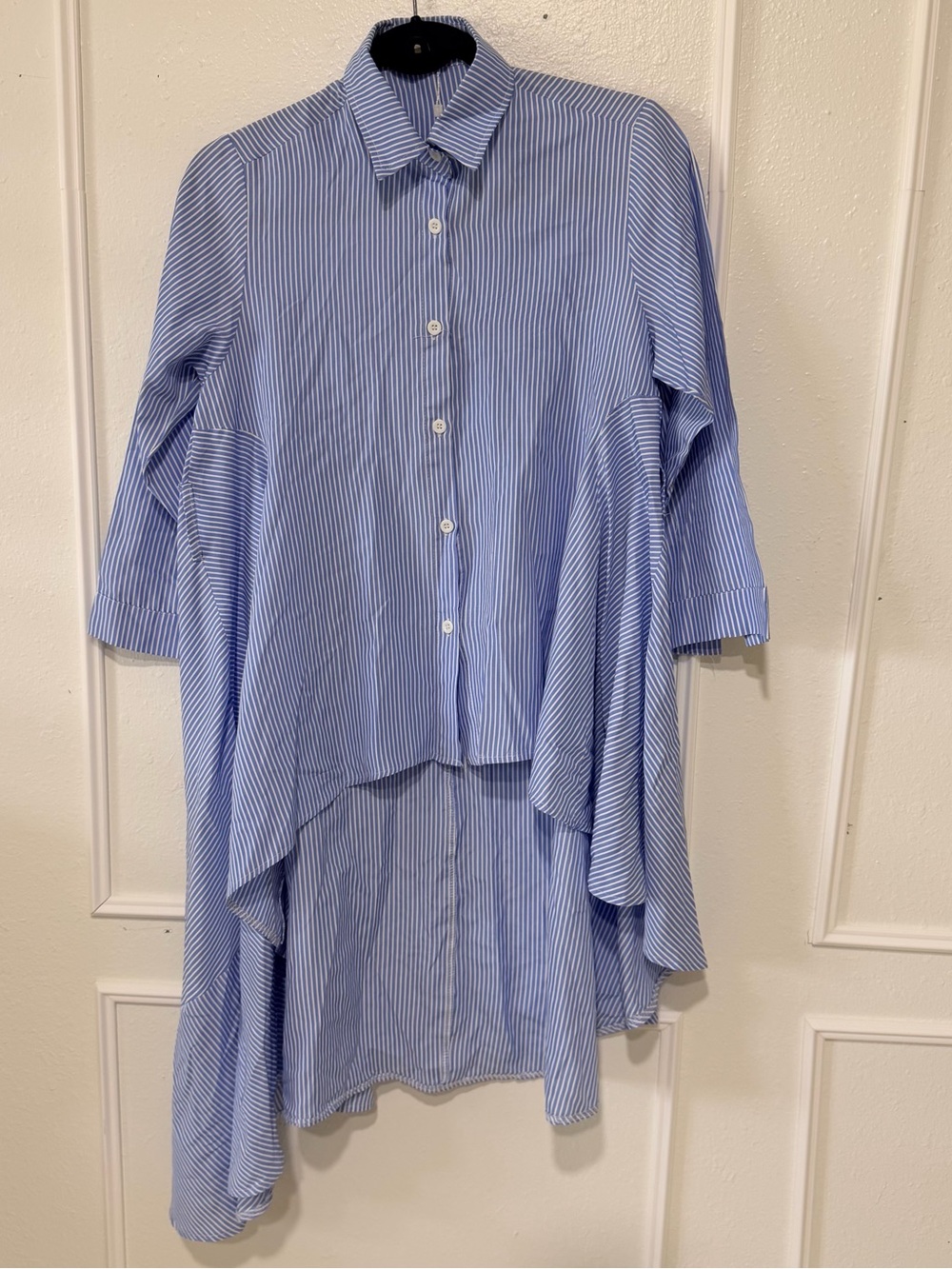 Blue and White Striped Button-Down High-Low Shirt